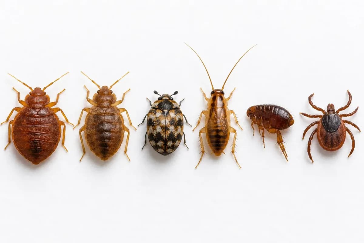 Bed bug shown beside a bat bug, carpet beetle, baby cockroach, flea and tick for comparison