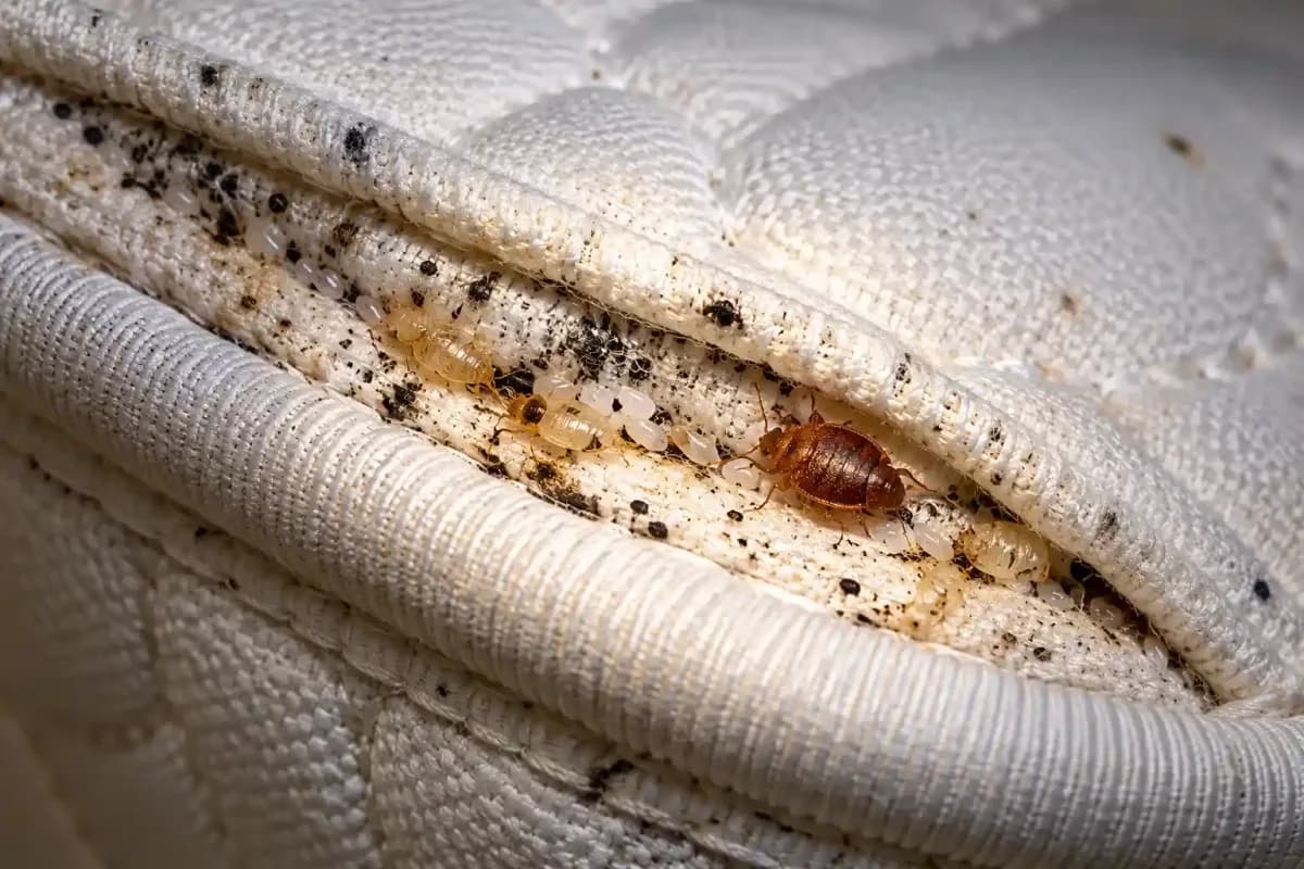 Mattress seam showing dark bed bug droppings, shed skins, eggs and a live adult