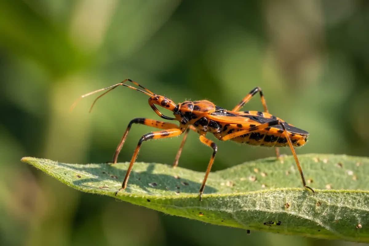 Slender orange and black assassin bug standing on a milkweed leaf