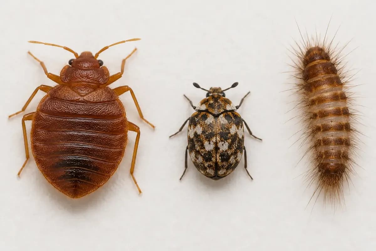 A reddish brown bed bug beside a patterned adult carpet beetle and a hairy carpet beetle larva
