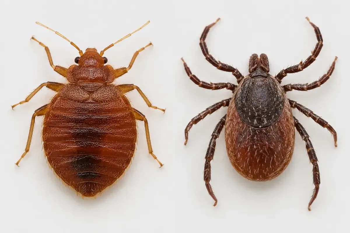 A six legged reddish brown bed bug next to an eight legged tick for comparison