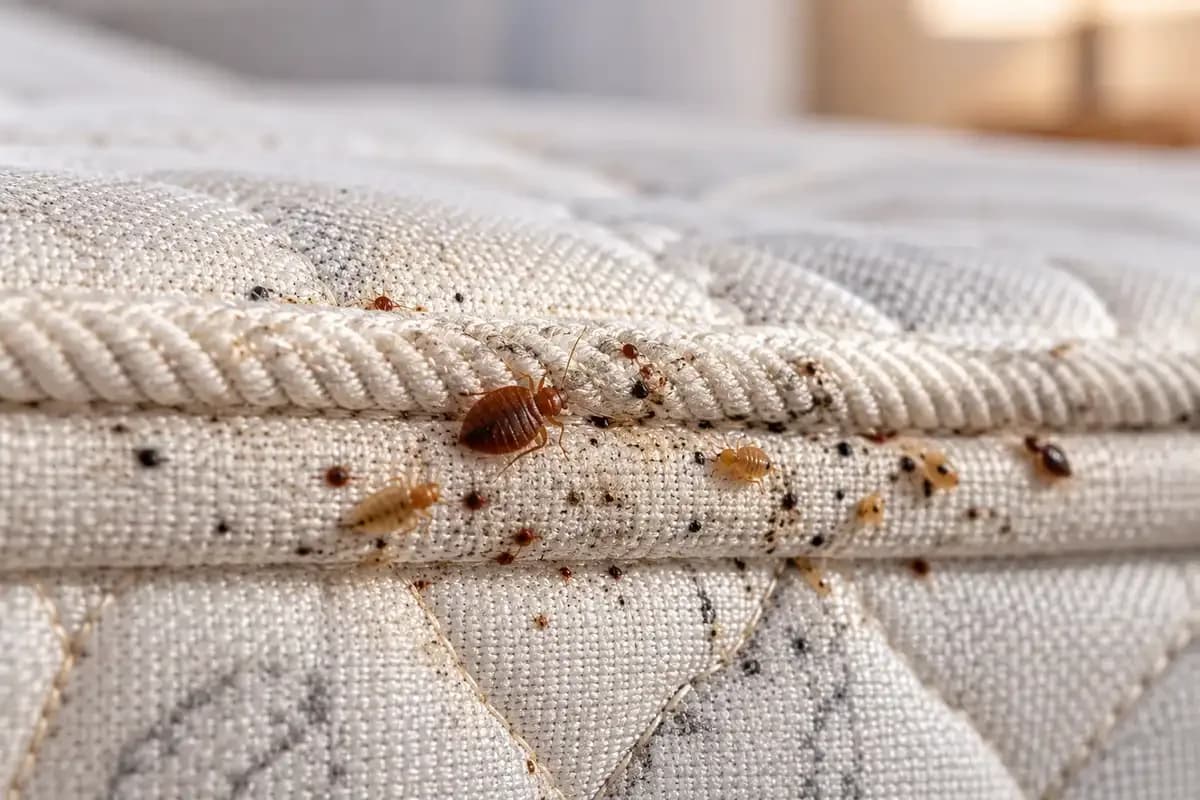 Bed bug relatives on a seam, nearly identical to bat bugs without magnification