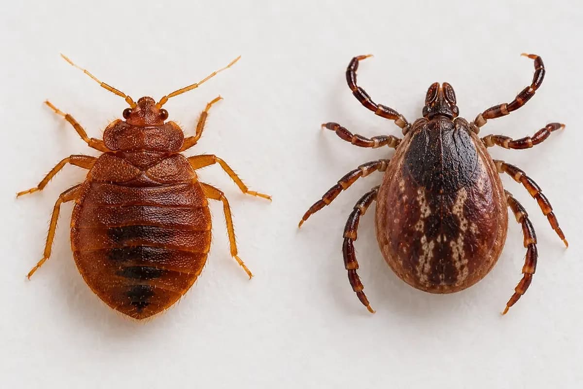 A six legged reddish brown bed bug next to an eight legged tick for comparison