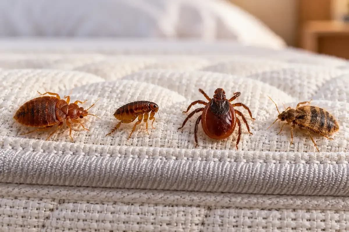A bed bug, flea, tick and louse side by side on a mattress for comparison