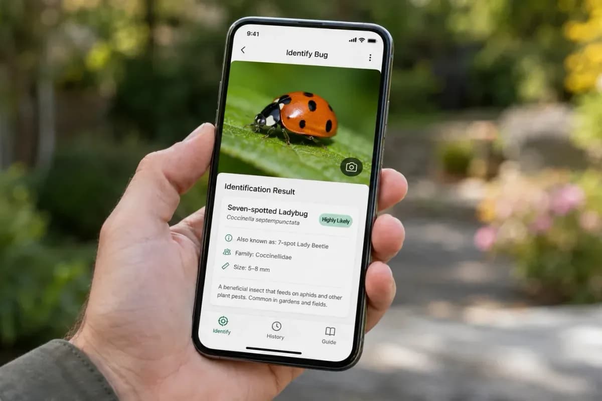 A smartphone displaying a bug identifier app result, illustrating the best bug identification apps for Android and iPhone.