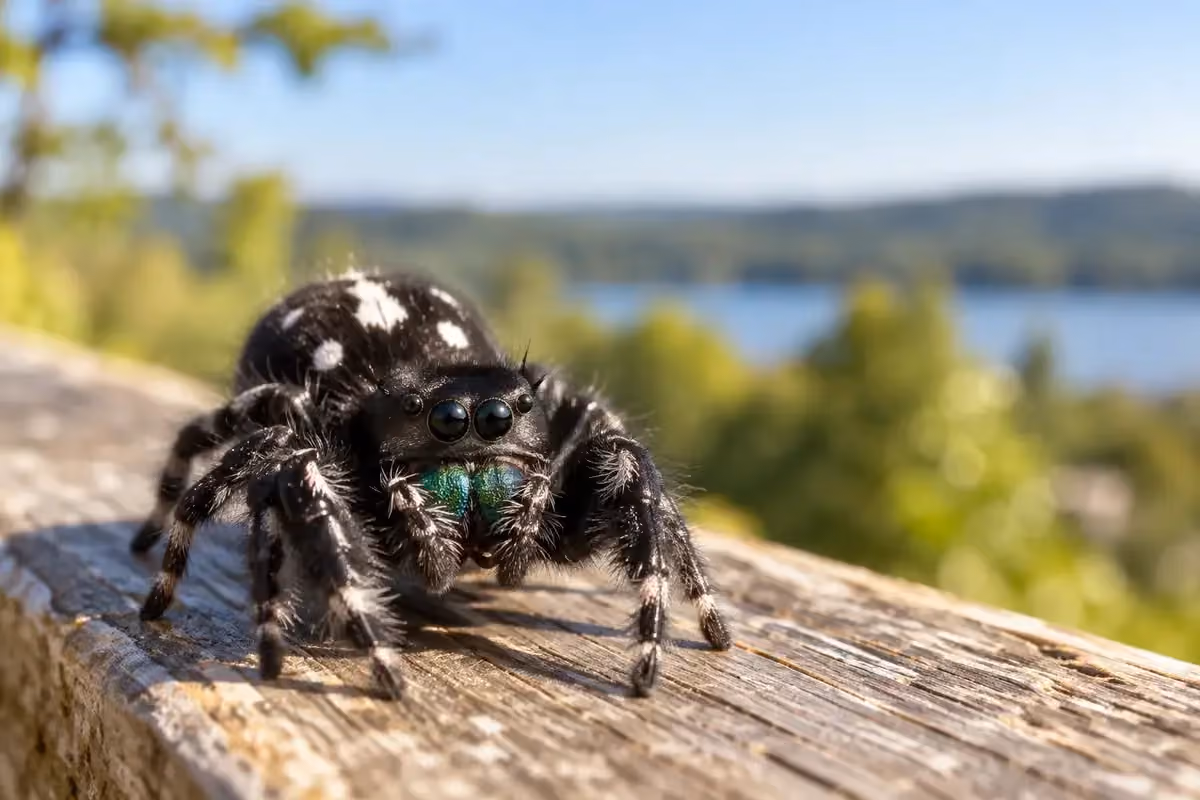 Black jumping spider with white spots on its back sitting on a wooden deck rail