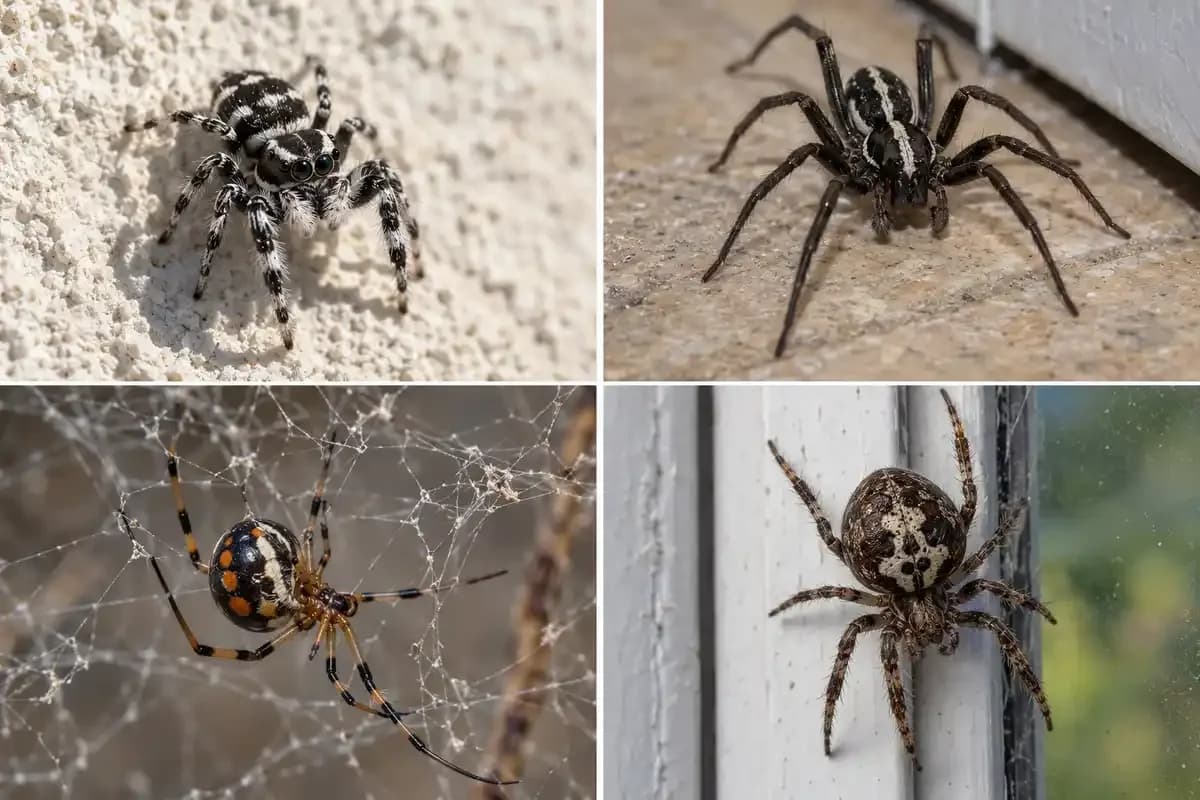 Other black spiders with white spots and markings: zebra jumper, parson spider, juvenile widow and false widow