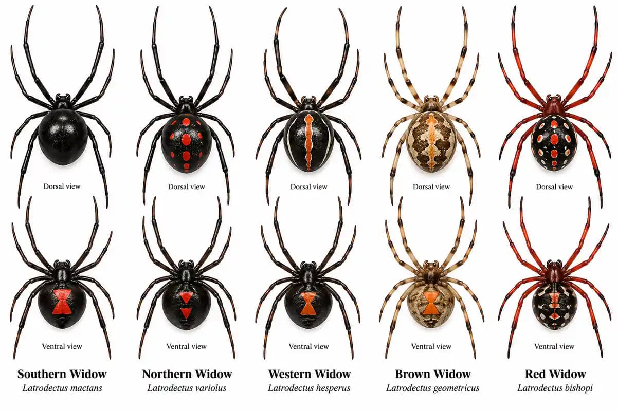 Types of widow spiders compared, including southern, northern, western, brown and red widows