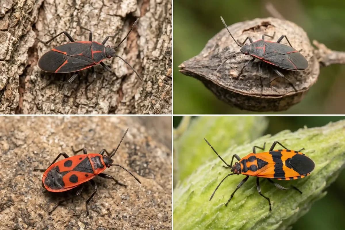 Boxelder bug and lookalikes: red shouldered bug, firebug and large milkweed bug