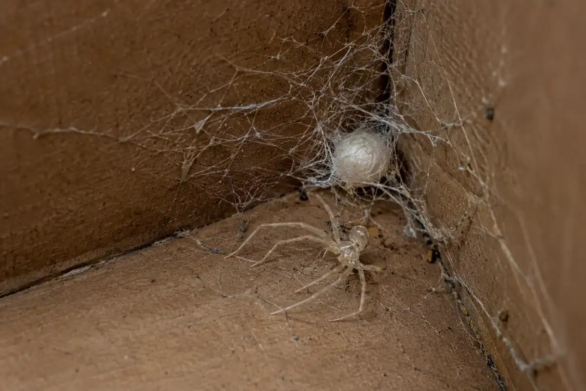 Brown recluse retreat silk with an egg sac and a shed skin inside a storage box