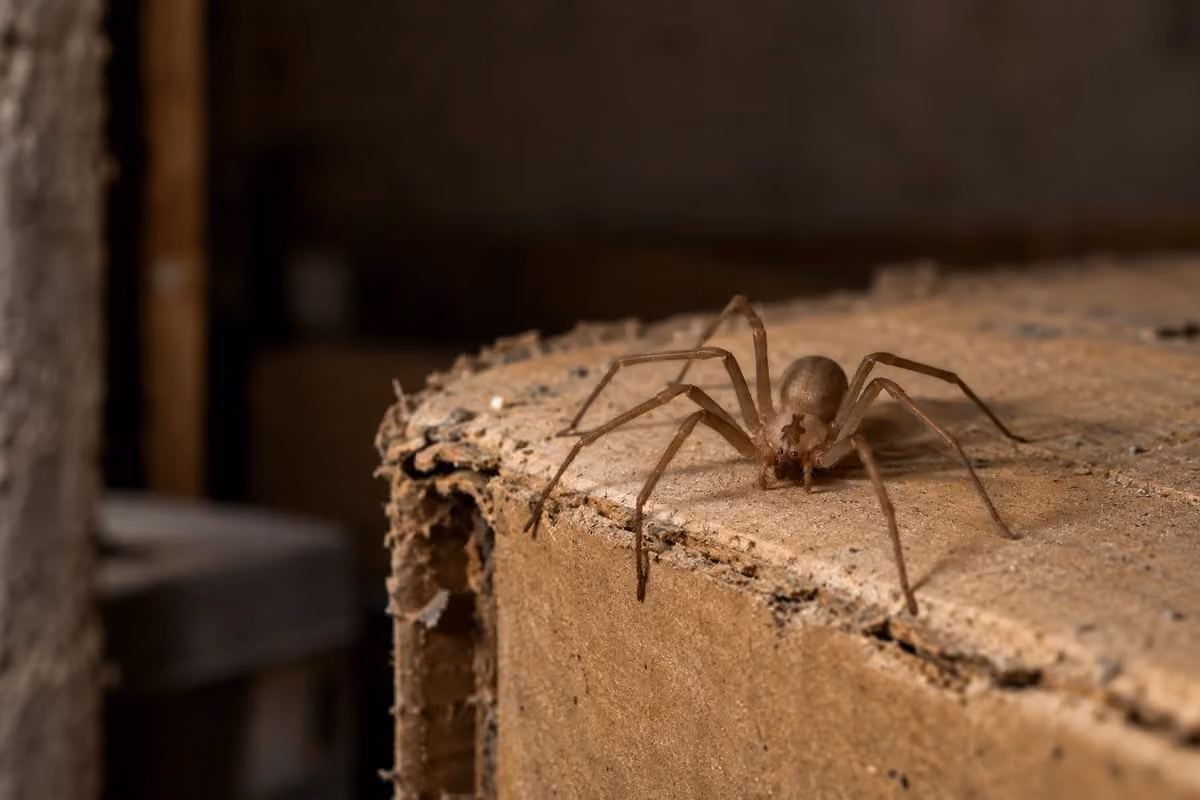 Brown recluse spider on a cardboard box in a dim storage room