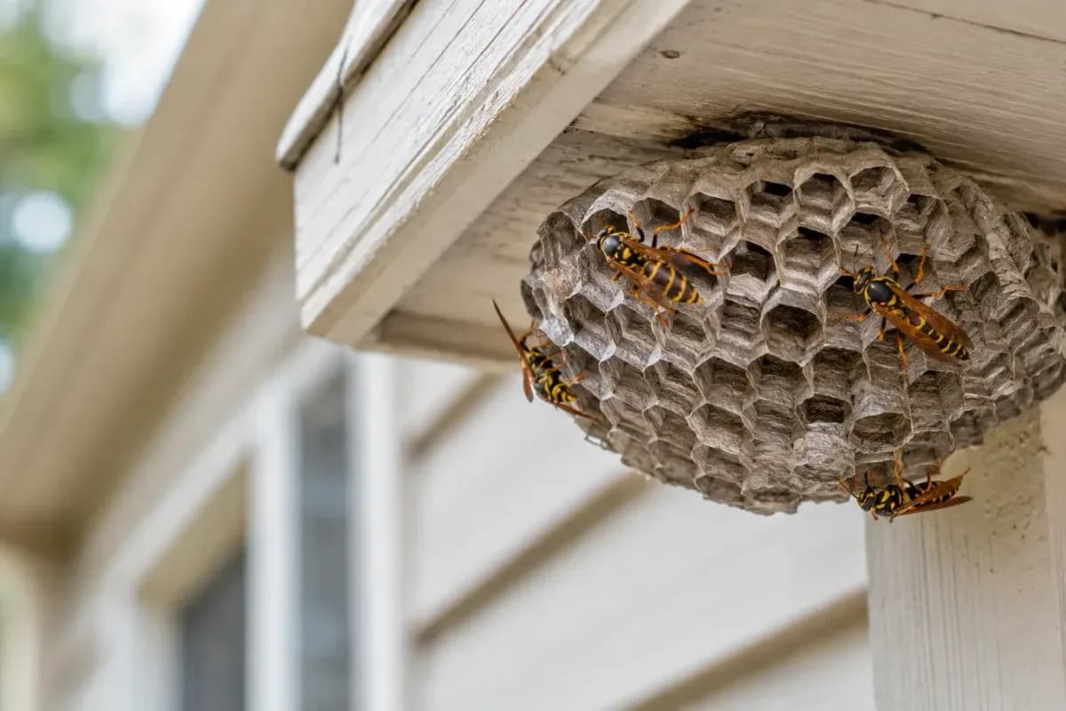 A paper wasp nest under a house eave, illustrating how to identify bug nests by shape and location.