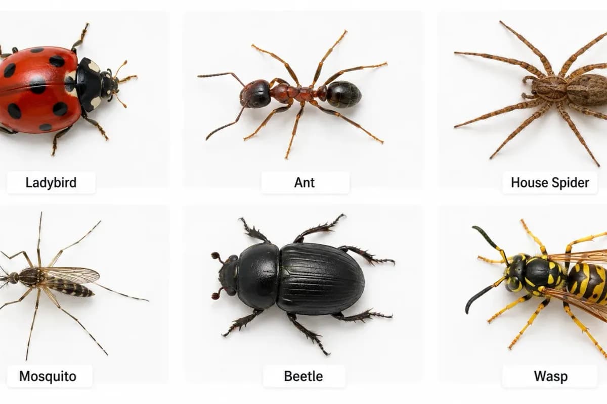 A grid of common bug photos including a ladybird, ant, spider, mosquito, beetle, and wasp, from the ScanaBug photo gallery.