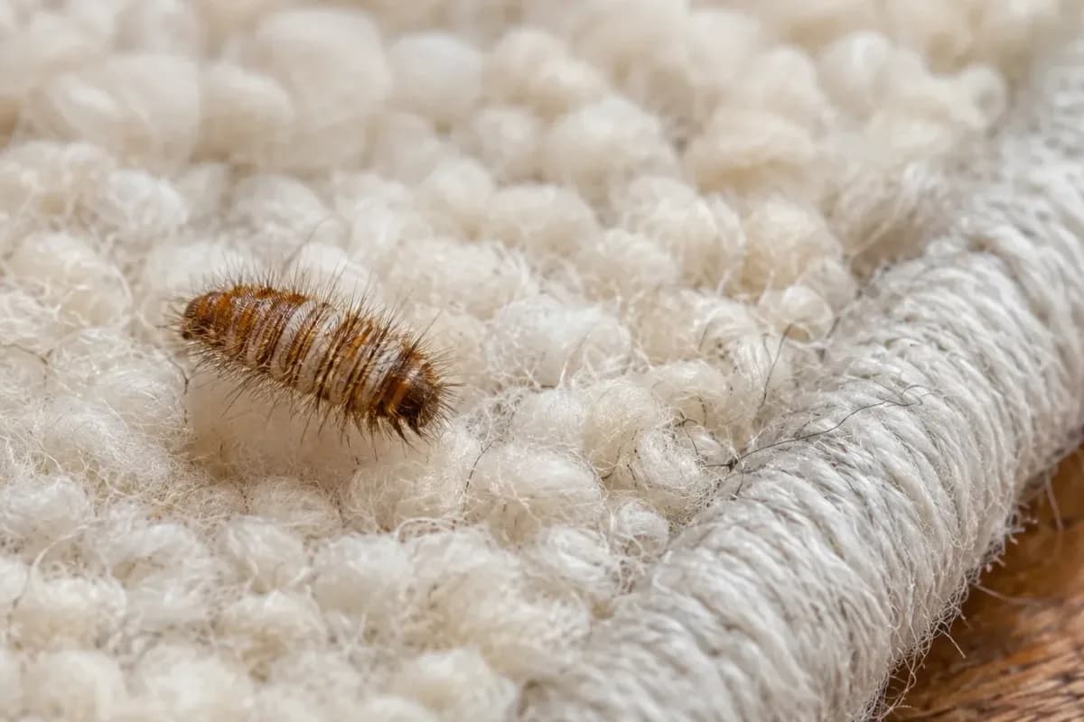 A carpet beetle larva on wool fabric, illustrating carpet beetle identification and removal.