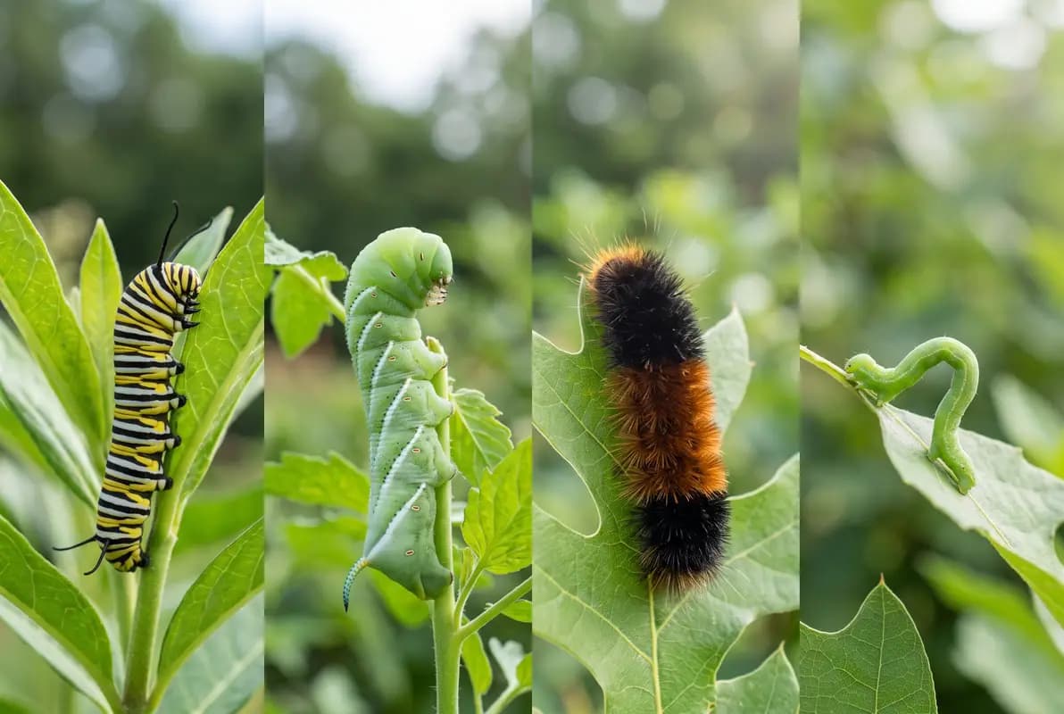 Four caterpillars compared: a monarch, a green hornworm, a woolly bear and a green inchworm