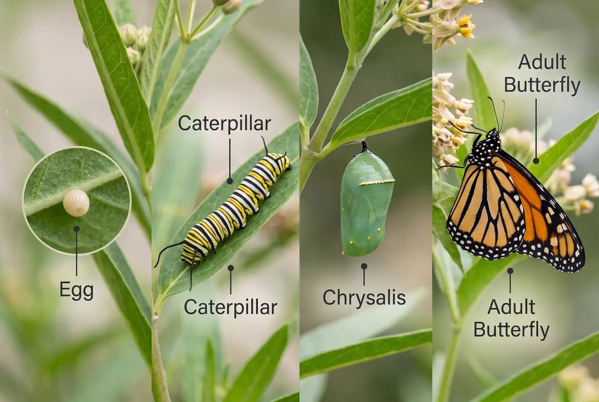 Monarch life cycle on milkweed showing egg, caterpillar, chrysalis and adult butterfly
