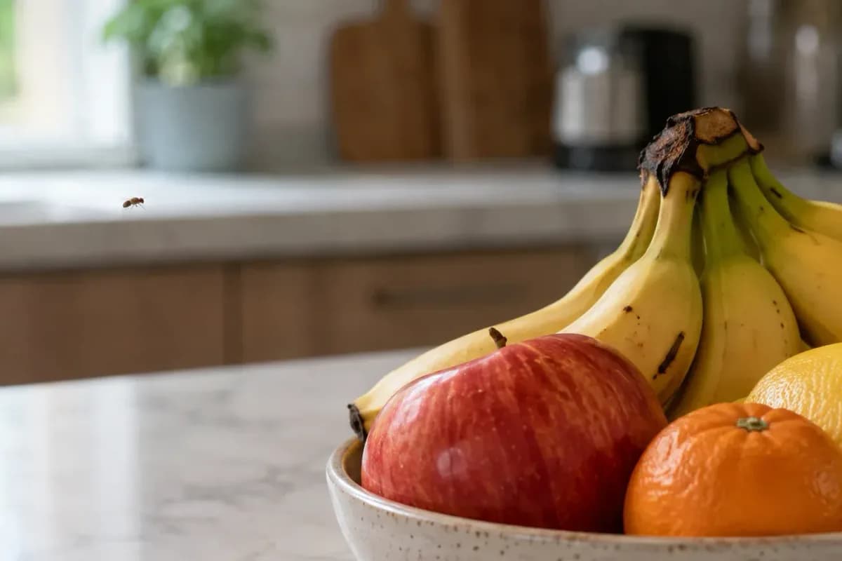 A fruit fly hovering near fruit on a kitchen counter, illustrating how to identify flying bugs by where they hover.