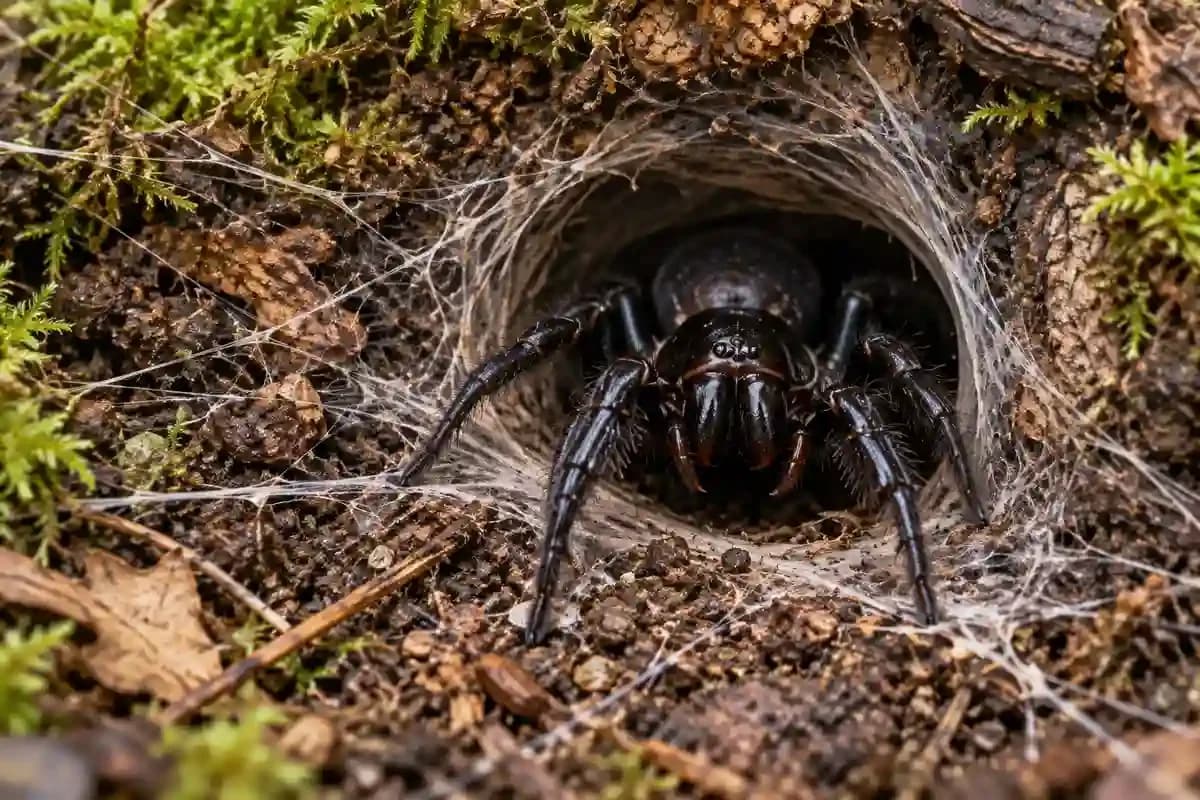 Funnel web spider waiting at the silk lined entrance of its burrow under a log