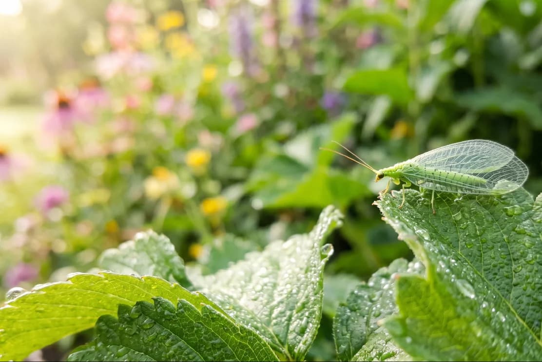 A garden leaf showing a beneficial ladybug next to aphid pests, illustrating garden insect identification.