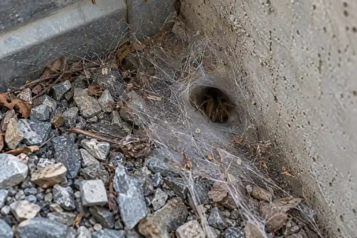 Hobo spider funnel web in a basement window well