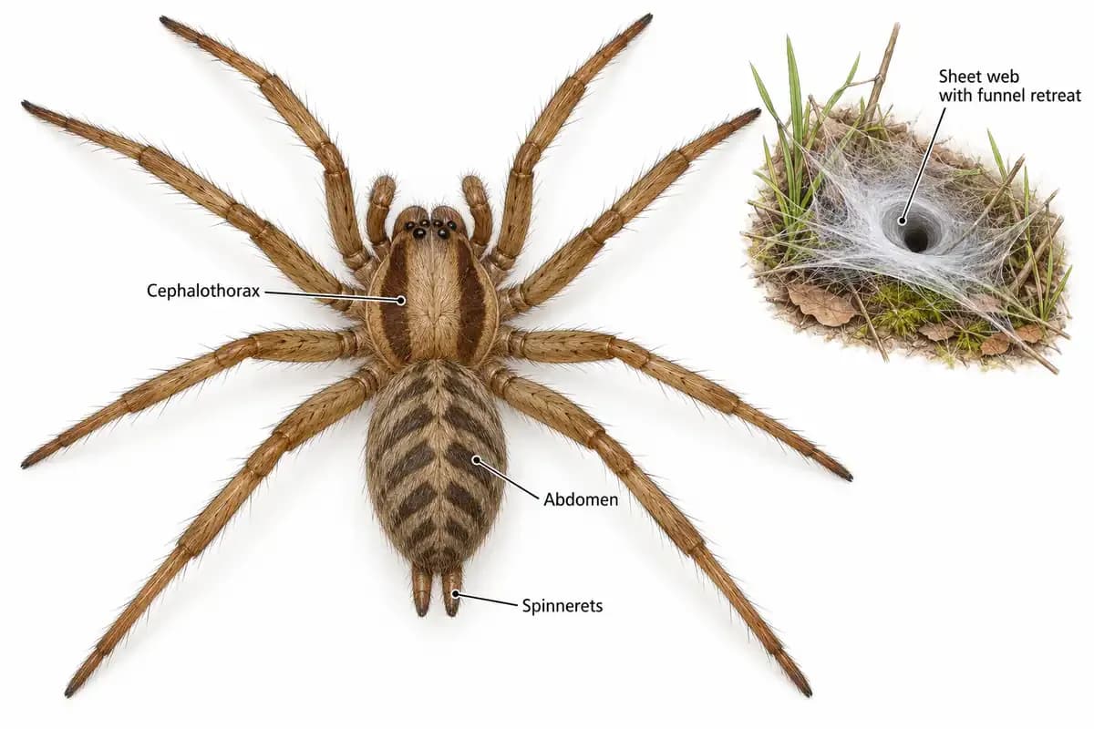 Hobo spider identification features including chevron pattern, plain legs and funnel web