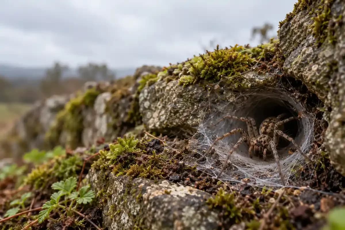 Brown funnel weaver spider at the mouth of its funnel web near a rock wall