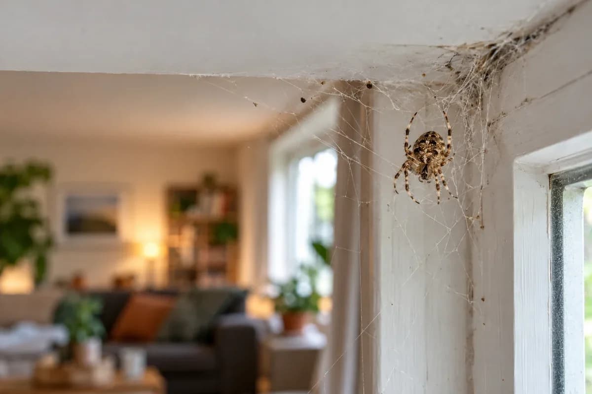 Small brown cobweb spider in a messy web in the corner of a window frame