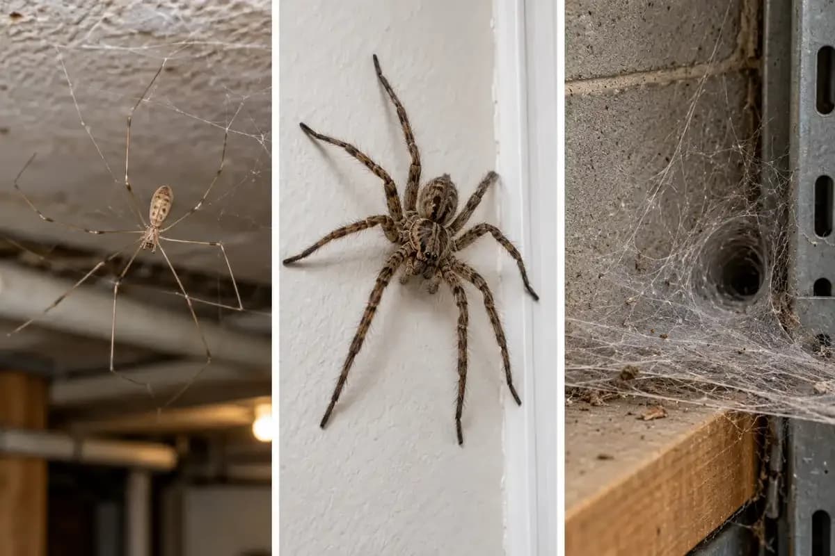 Household spiders including a cellar spider, a giant house spider and a funnel web in a garage corner