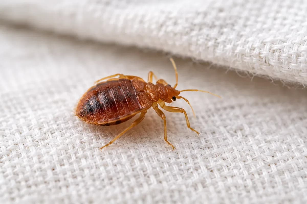 A single reddish brown adult bed bug on white fabric, large enough to see without magnification