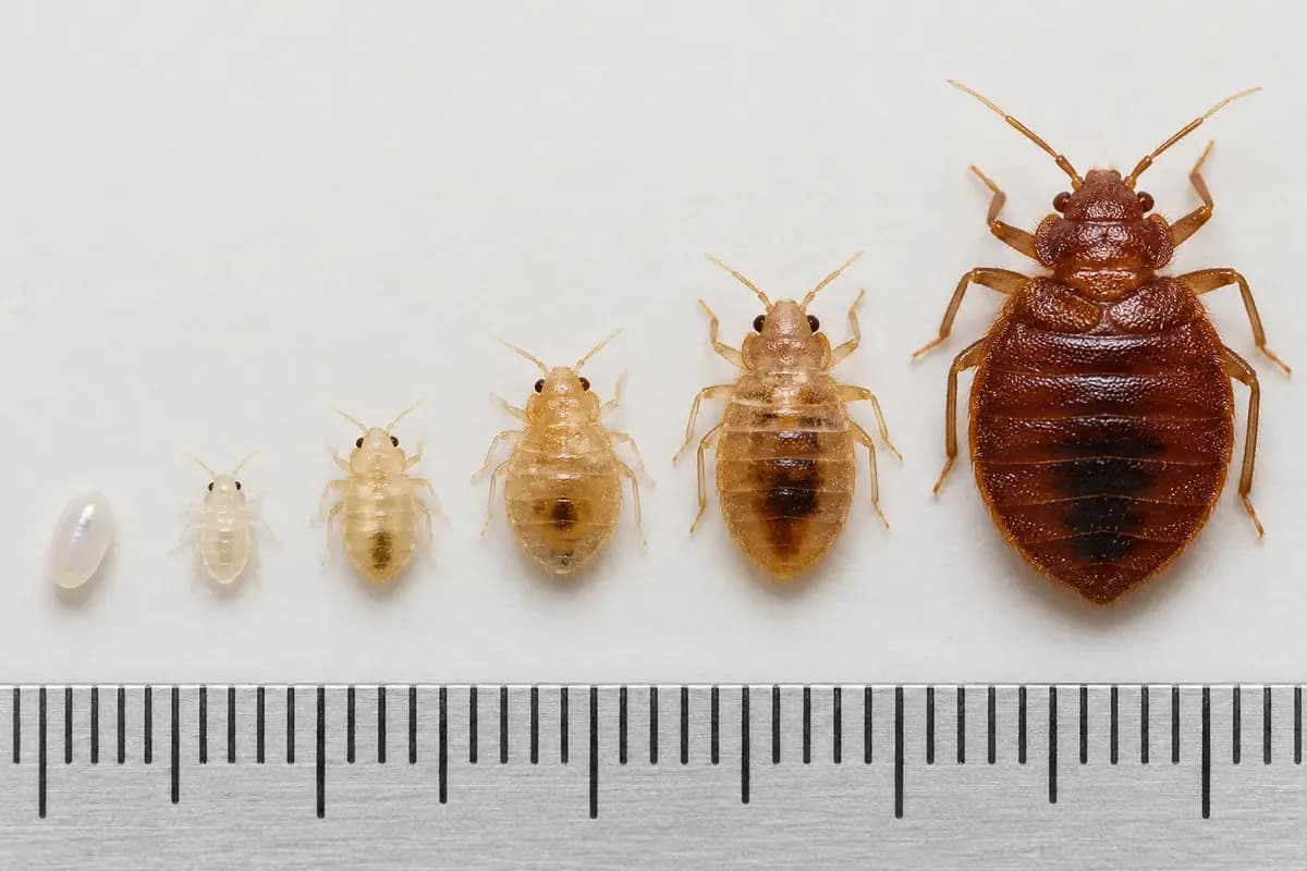 Bed bug eggs, a pale nymph and a reddish brown adult lined up beside a ruler for scale