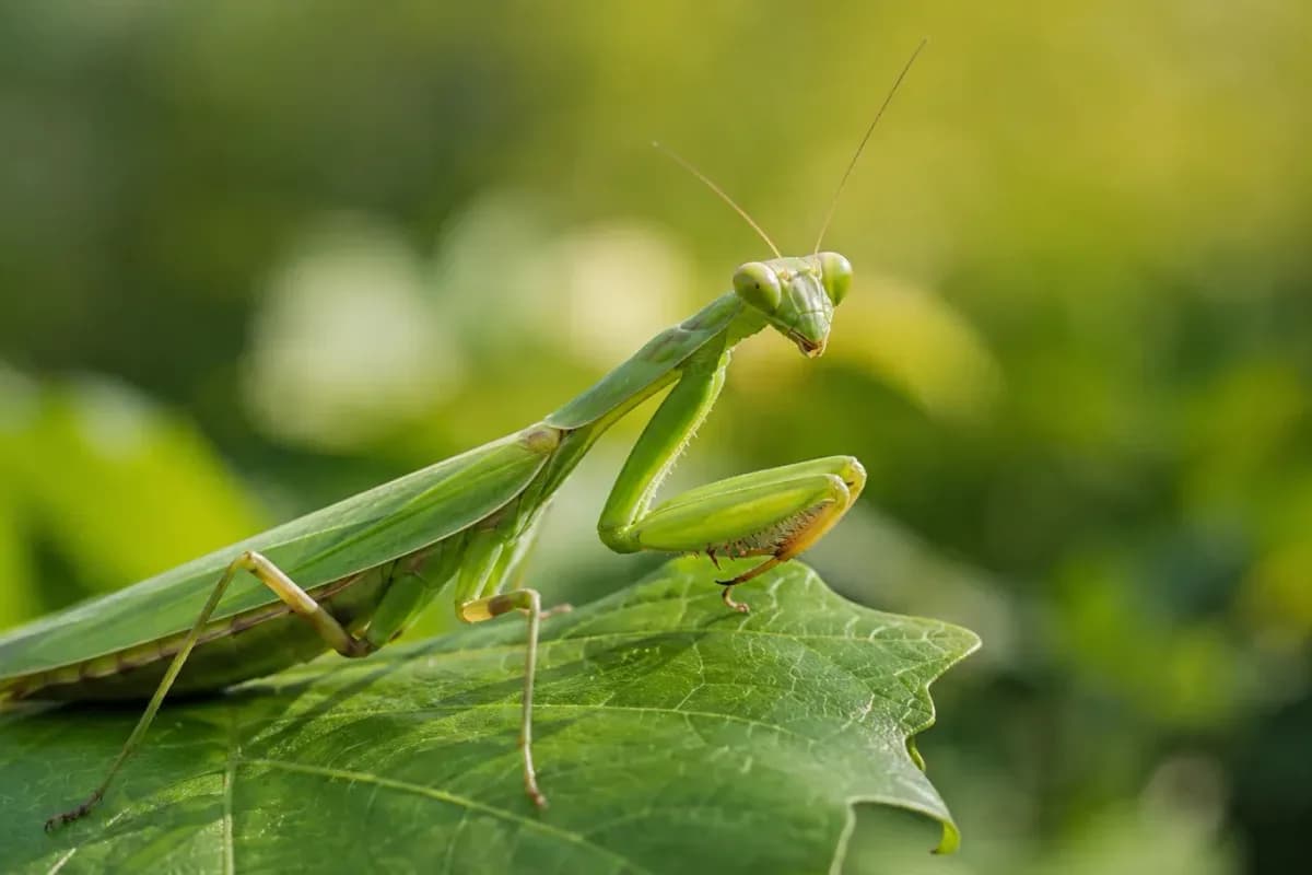 An adult praying mantis resting on a leaf, illustrating how long praying mantises live at each life stage.