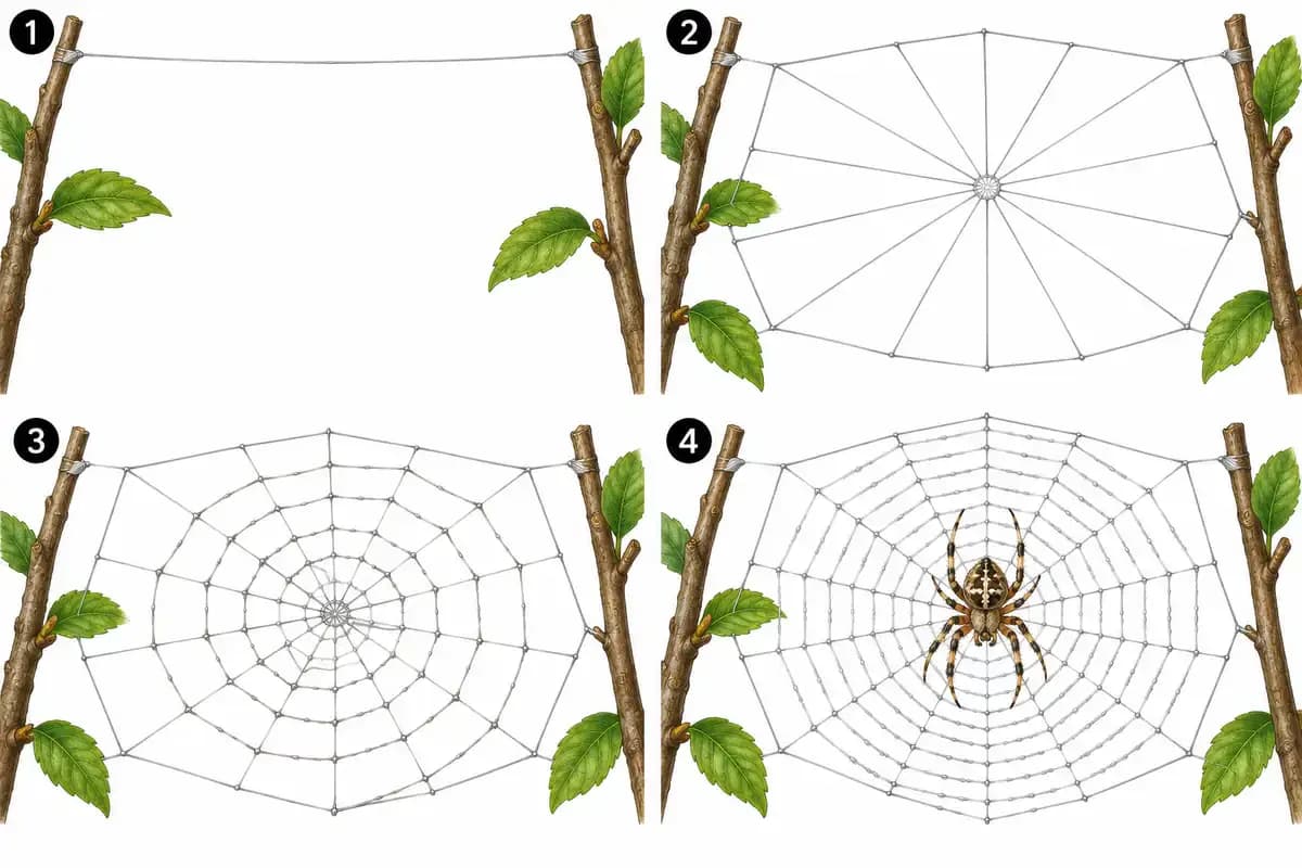 How an orb weaver builds its web, from the bridge line to the sticky spiral