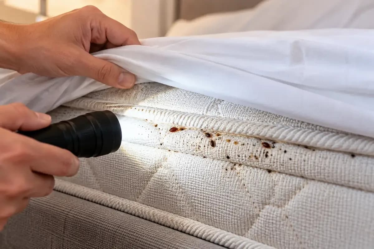 Inspecting a mattress seam closely for bed bugs, eggs and dark fecal spots