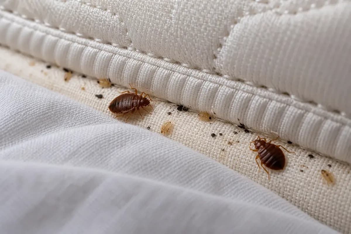 Live bed bugs and dark fecal spotting along a seam at the edge of a bed