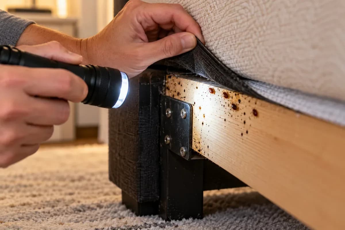 A hand shining a flashlight along a mattress seam to inspect for bed bugs