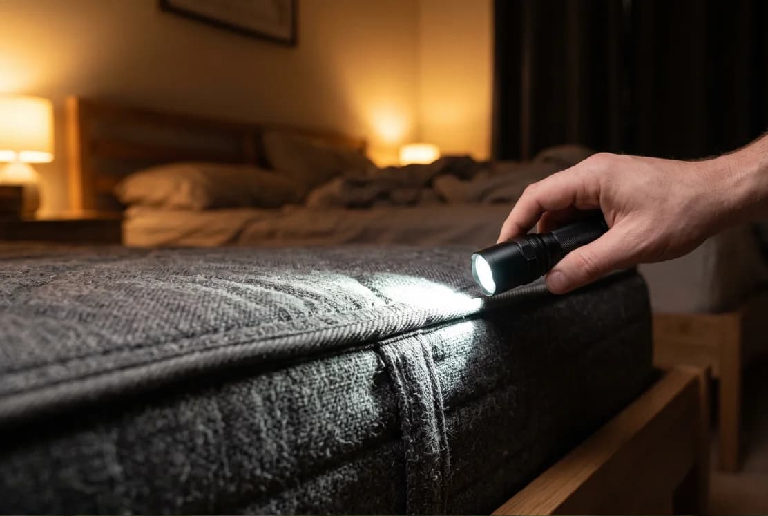 A person using a flashlight to check a mattress seam for bugs during a home inspection.