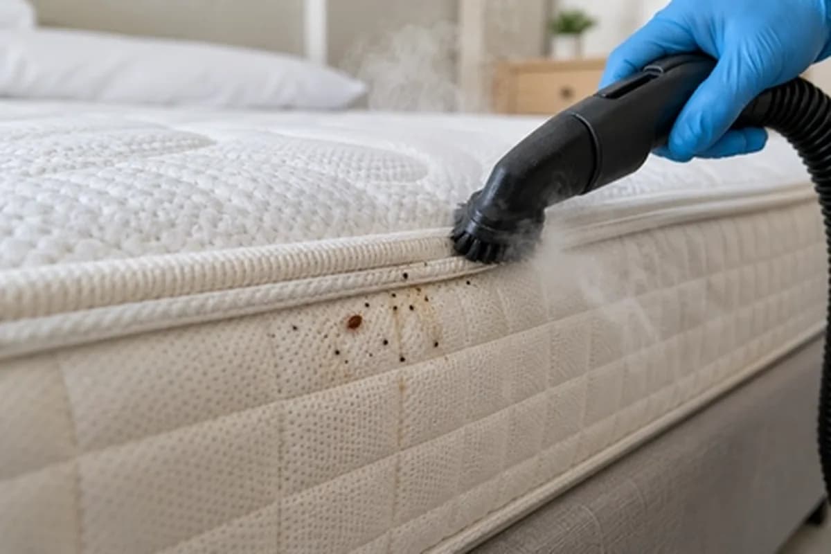 A steam cleaner being run along a mattress seam with visible bed bug fecal spotting