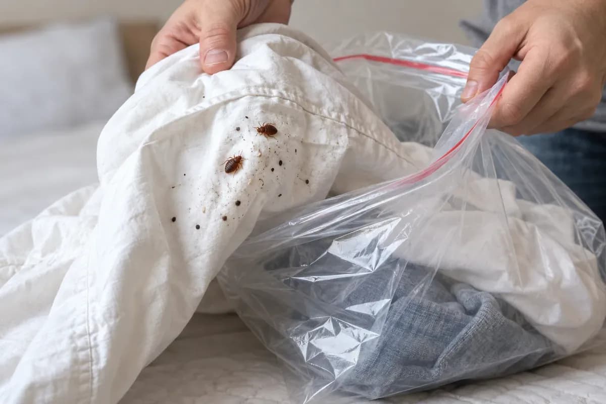 Hands sealing an infested white sheet with live bed bugs and fecal spots into a plastic bag