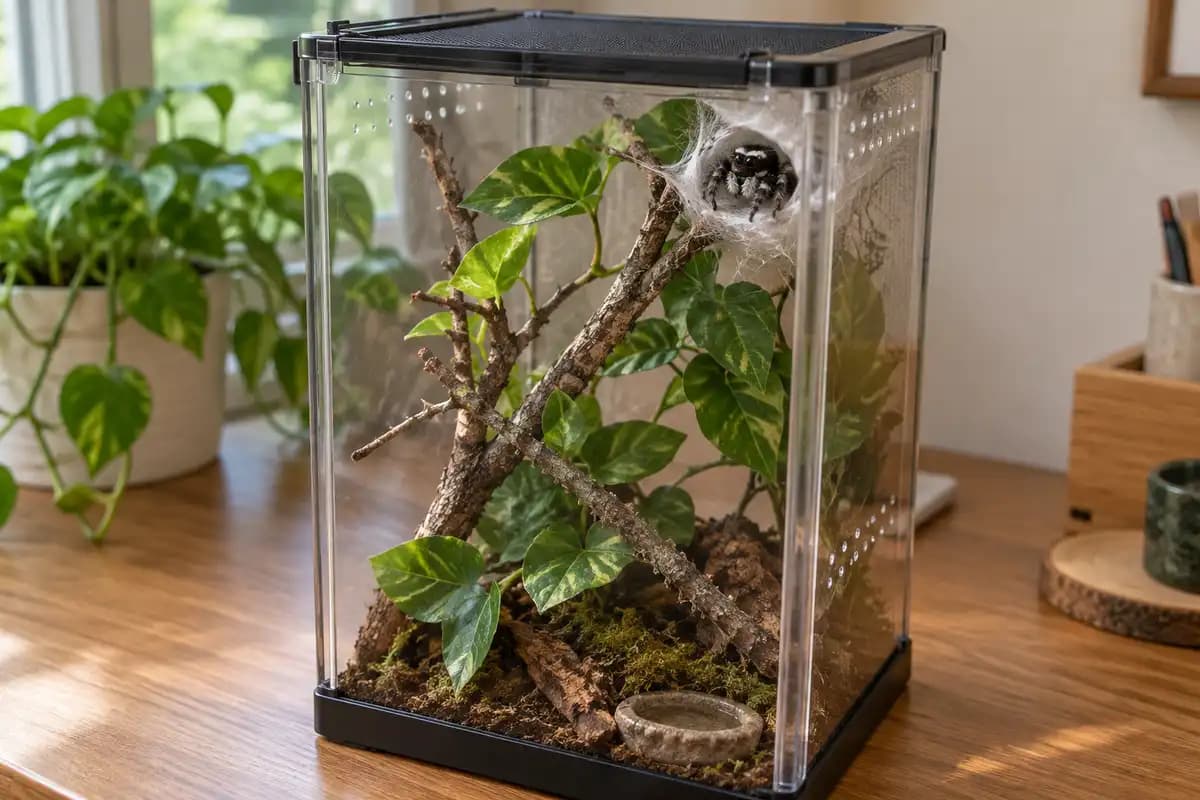 Jumping spider enclosure with climbing sticks and a silk hideout near the top