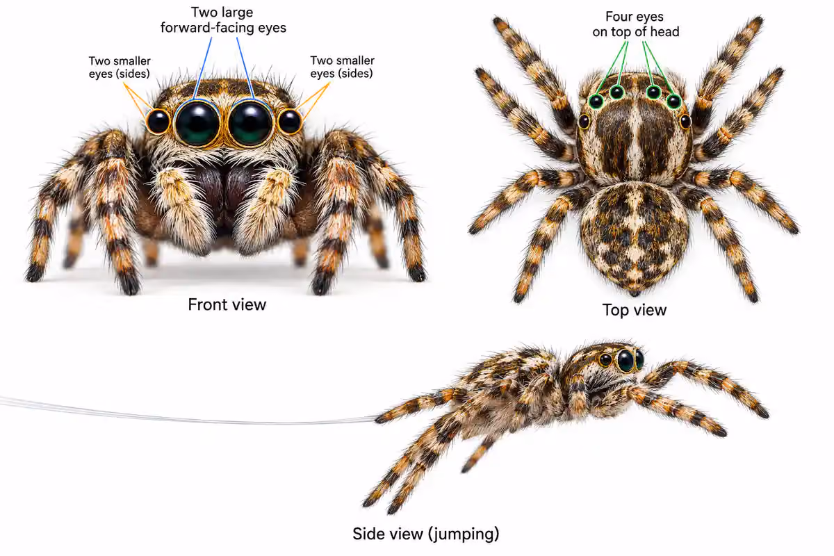 Jumping spider close up showing its two large forward facing eyes