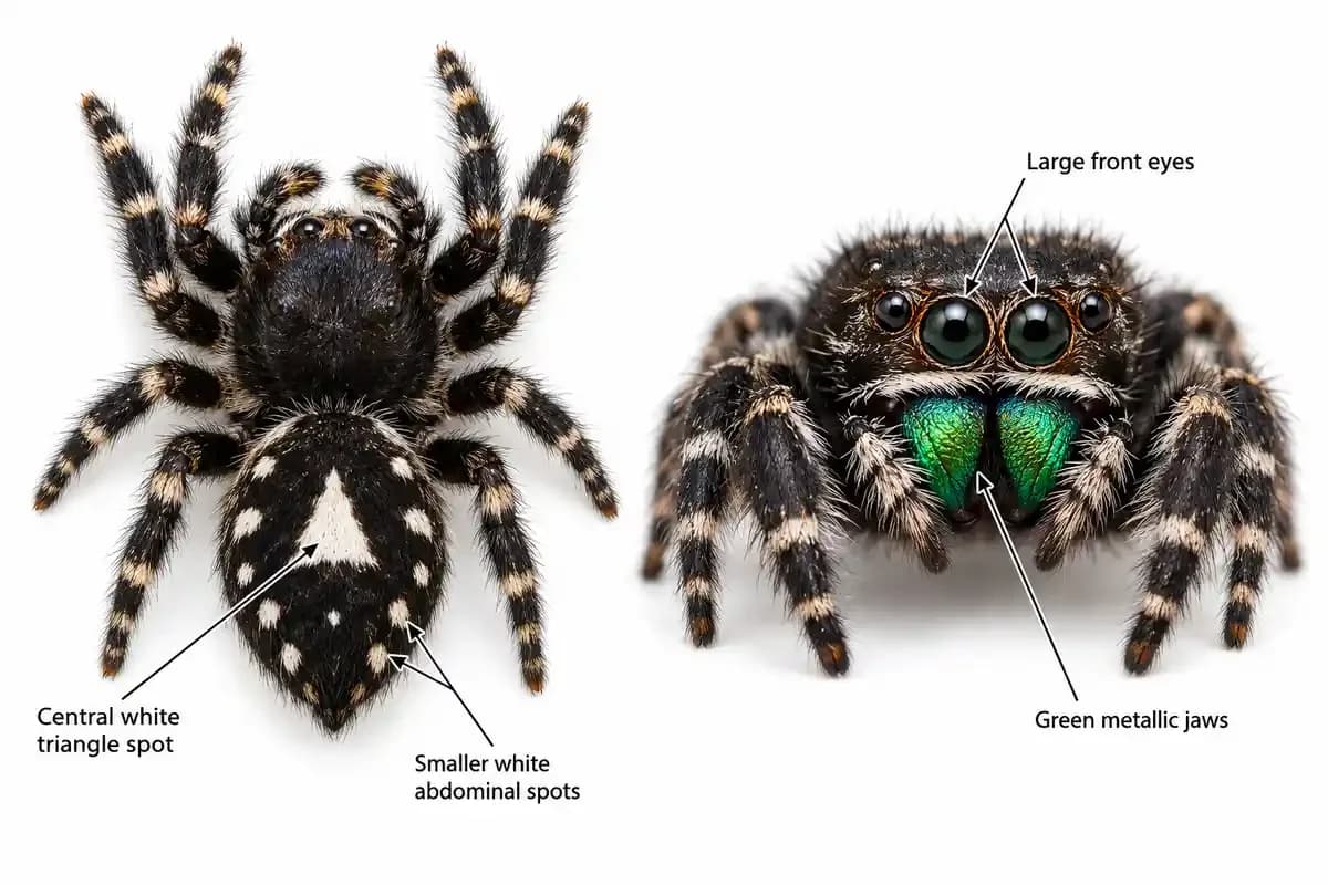 Bold jumping spider markings showing the white spot on its back, big front eyes and green jaws