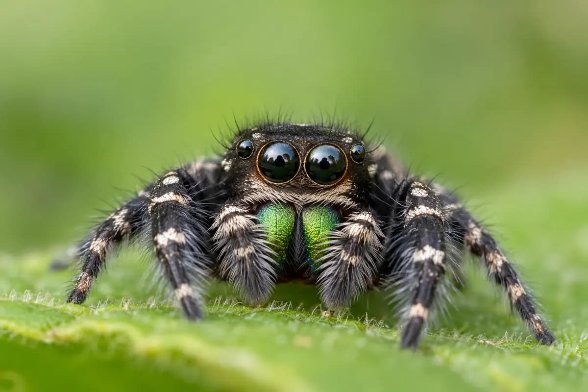 Close up of a fuzzy black jumping spider with large front eyes on a leaf