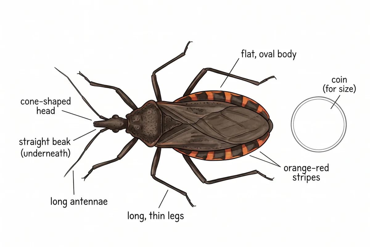 Labeled diagram of kissing bug identification features