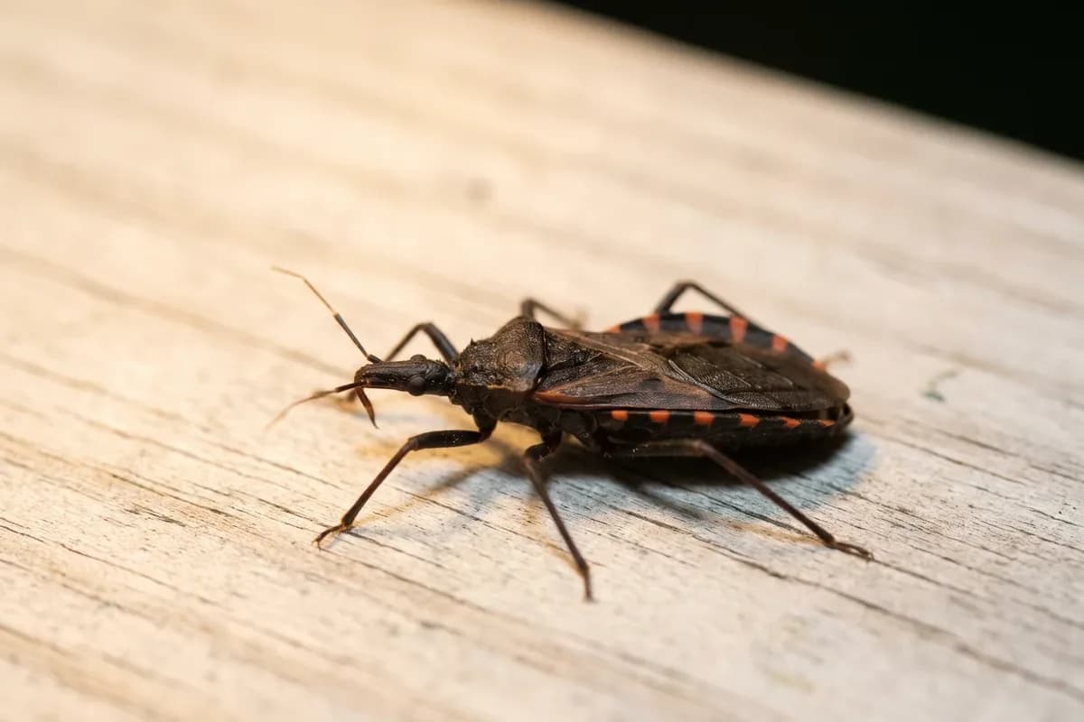 Dark kissing bug with a cone shaped head and orange edge stripes on a wooden surface