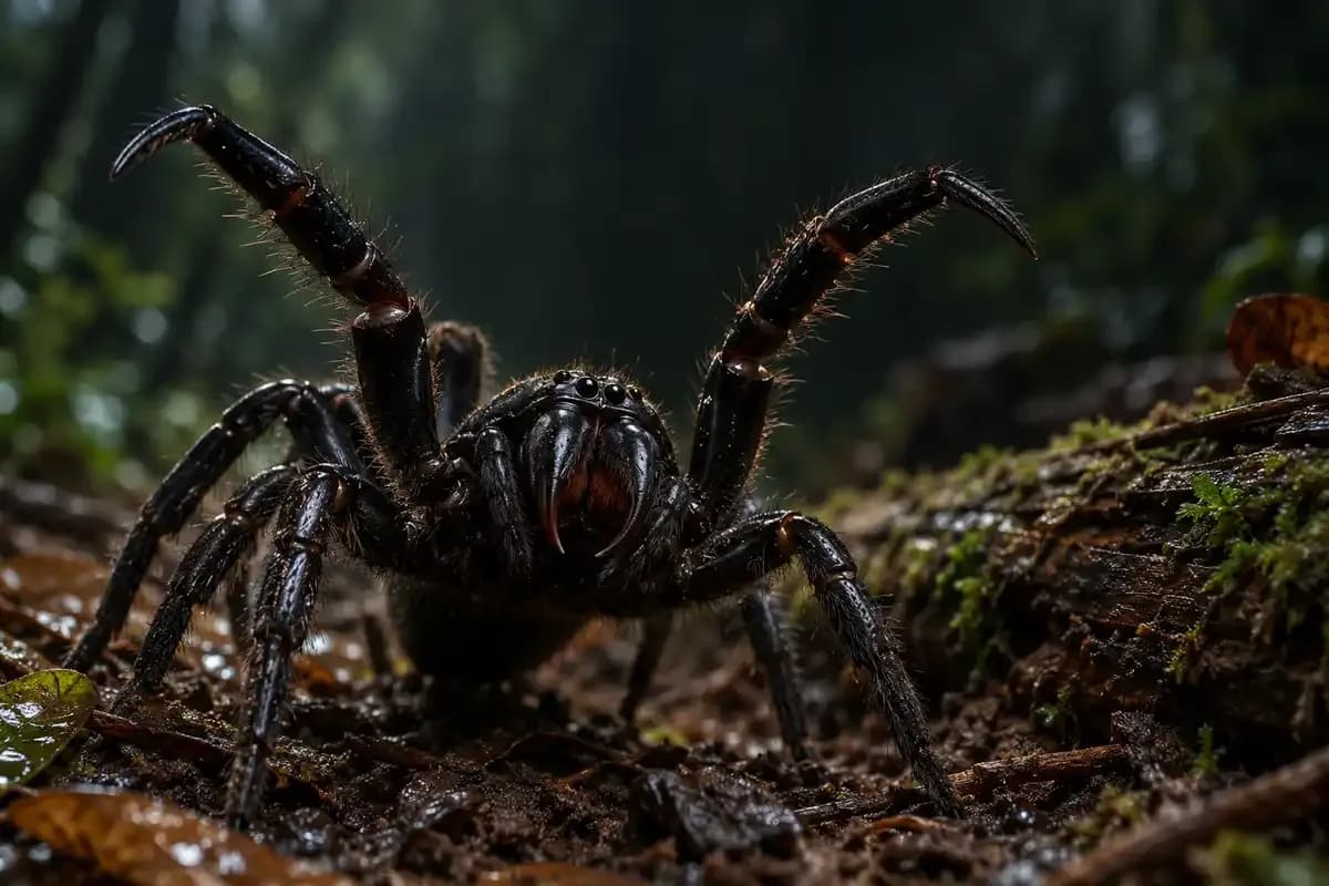 Glossy black funnel web spider raising its front legs in a defensive pose on damp soil