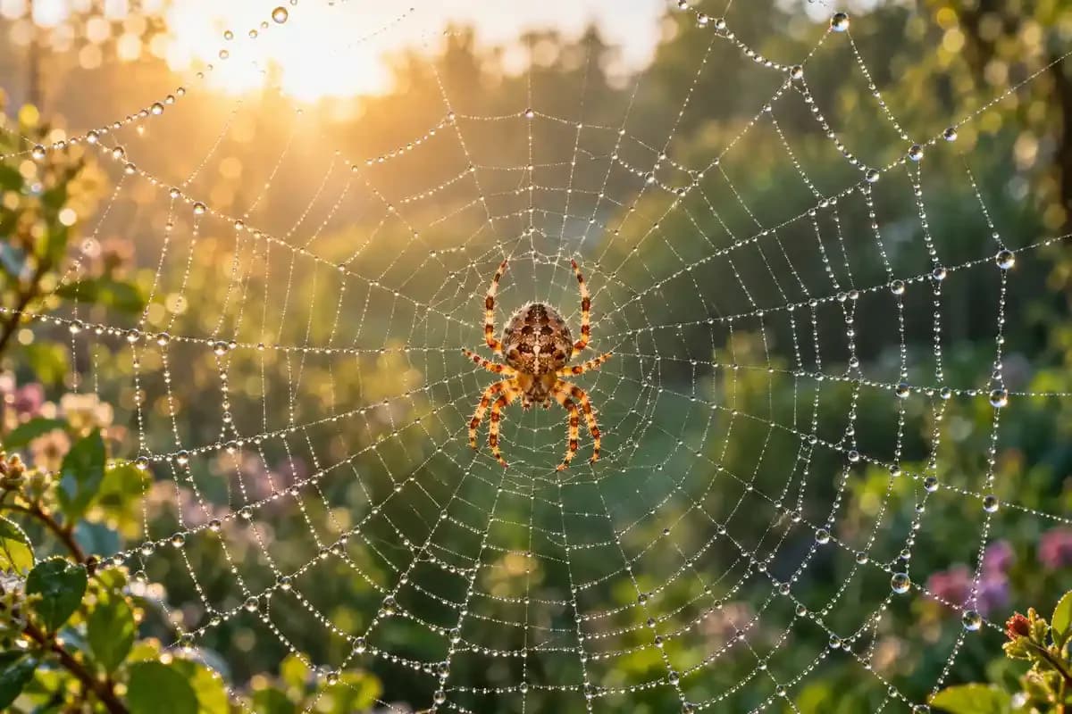 Orb weaver spider sitting in the center of a dewy round web at sunrise