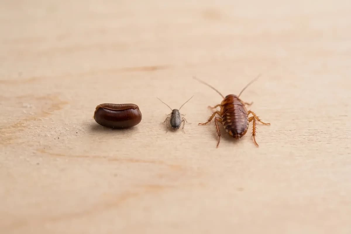 Cockroach egg case and nymphs at different sizes