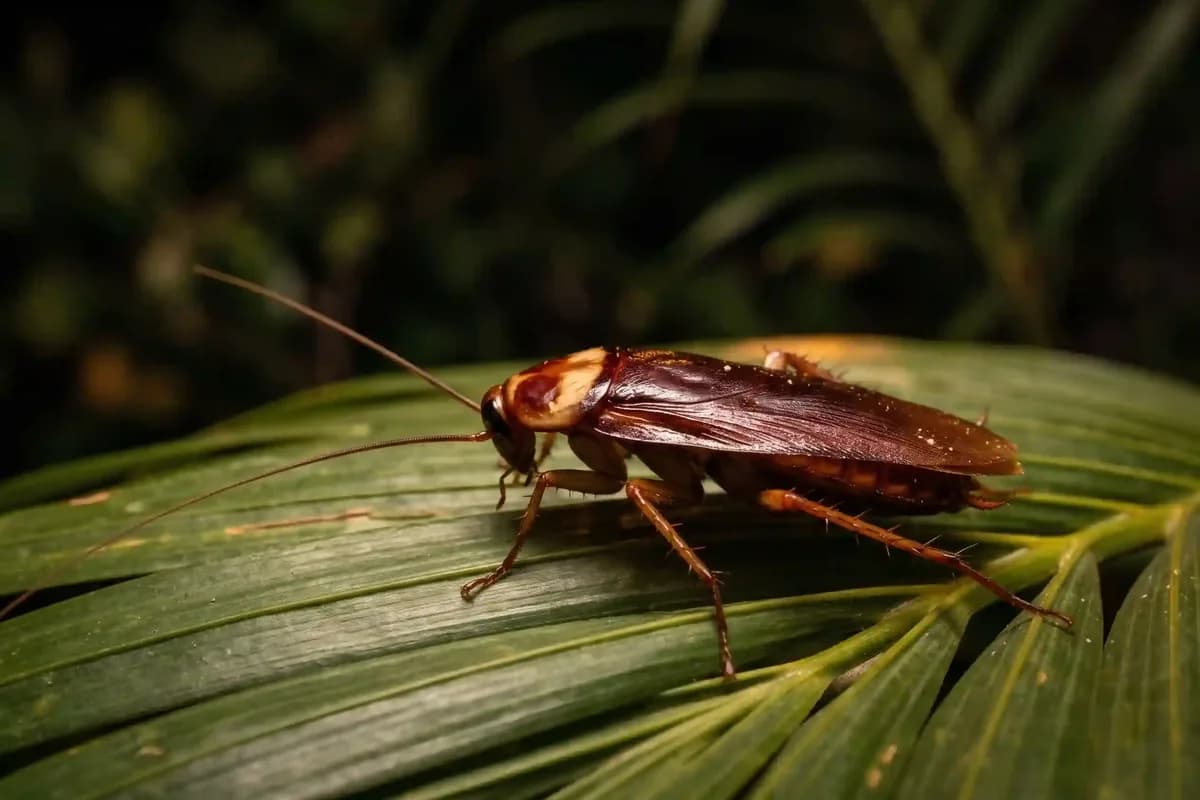 Large reddish brown cockroach on a palm frond at night