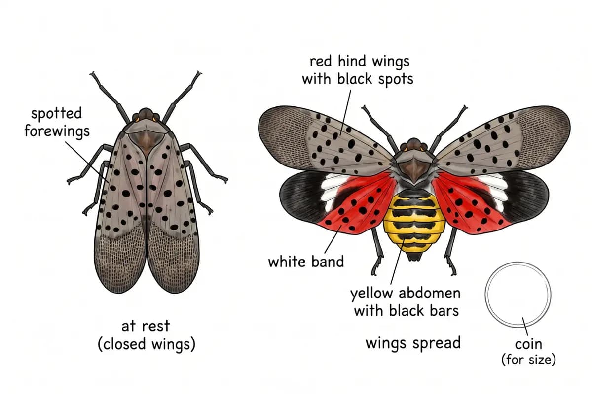 Labeled diagram of an adult spotted lanternfly with wings closed and open