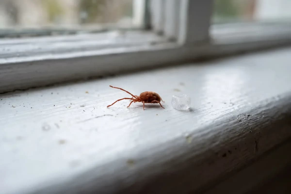 Clover mite with long front legs on a window sill